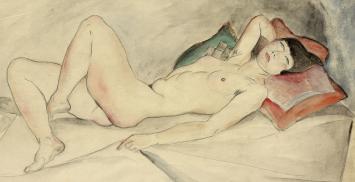 George Creten met een aquarel van een naakte vrouw