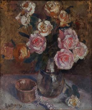 Oil painting by Georges Wilmaers with roses in a vase, small pot and pearl necklace on a table, circa 1935.
