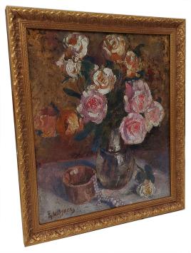 Bloemenstilleven met rozen potje en halssnoer – oil on panel – Georges Wilmaers – circa 1935