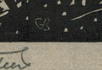 Gerard Baksteen met een linocut, voor Dirk Baksteen