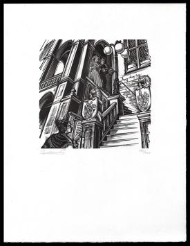 Houtsnede gesneden door de Belgische graficus Gerard Gaudean