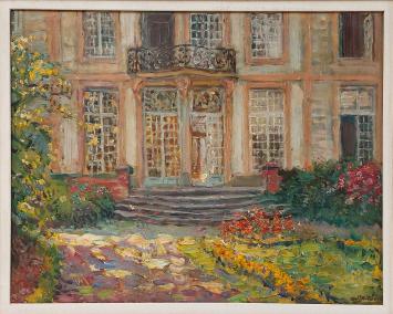 The mansion with flower garden, Albert Geudens. Painting of a mansion with colorful garden, oil on board.
