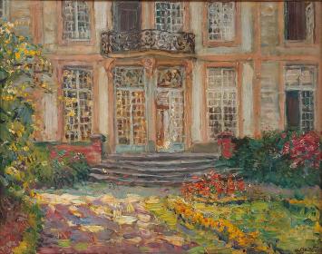 Le manoir avec jardin fleuri, Albert Geudens. Peinture d’un manoir et jardin coloré, huile sur panneau.
