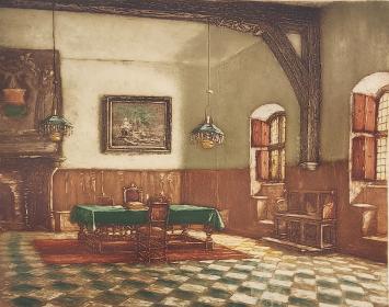 Belgische kunstschilder en etser Albert Geudens met een ets