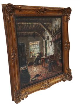 Interieur met naaister aan het raam en een katje 1935
