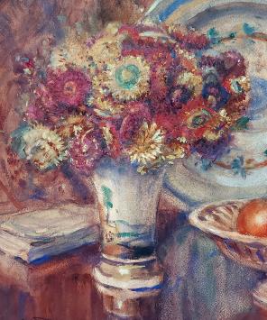 Stilleven met bloemen, fruit en boek