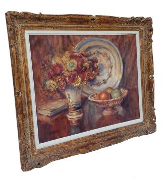 Stilleven met bloemen, fruit en boek