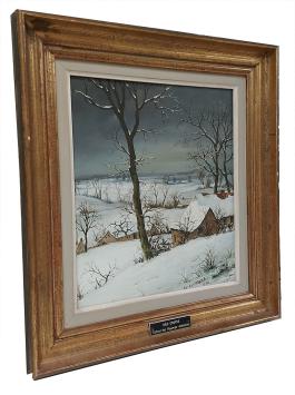 Winterlandschapje, huisje achter de heuvel