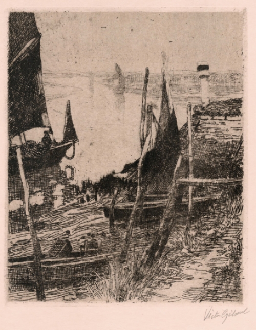 Victor Olivier Gilsoul met een ets over vissersboten