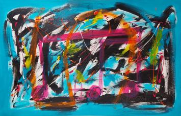 Glenn Vandesande met een groot kunstwerk van acrylverf