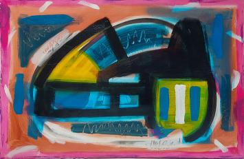 Glenn Vandesande met een kunstwerk acryl