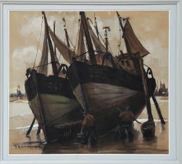 Kunstwerkje van J. Gonthier, vissersboten