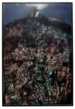 De Kalvarieberg (1983) van Hugo Heyens: donker symbolisch landschap met opgehoopte figuren, kruisen en een lichtopening boven