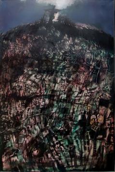 De Kalvarieberg (1983) by Hugo Heyens: dark symbolic landscape filled with layered human figures, crosses and a pale light em