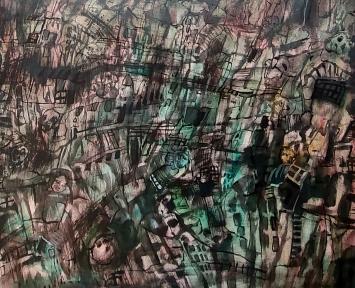 De Kalvarieberg (1983) de Hugo Heyens : paysage symbolique sombre rempli de figures superposées, de croix et d’une lumière pâ