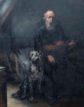 De Mechelse kunstenaar Ignace Kennis met een gesigneerd schilderij