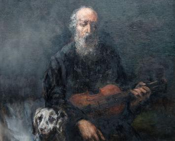 Oude man met viool en hond op de zolderkamer