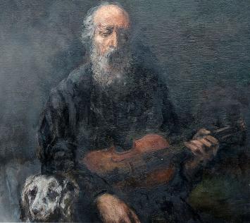 Oude man met viool en hond op de zolderkamer