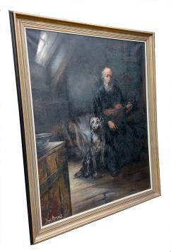 Oude man met viool en hond op de zolderkamer