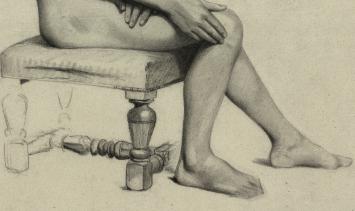 19 de eeuwse tekening, zittend in gedachten verzonken naakt