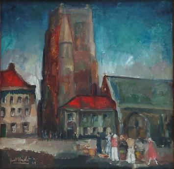 Gust Verelst met een schilderij uit 1929