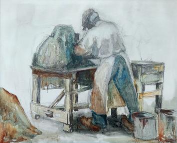 Gust Verelst met een schilderij uit 1967