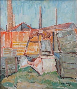 Gust Verelst met een schilderij uit 1970