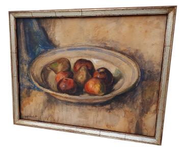 Stilleven, appelen en peren in een aardewerken schaal