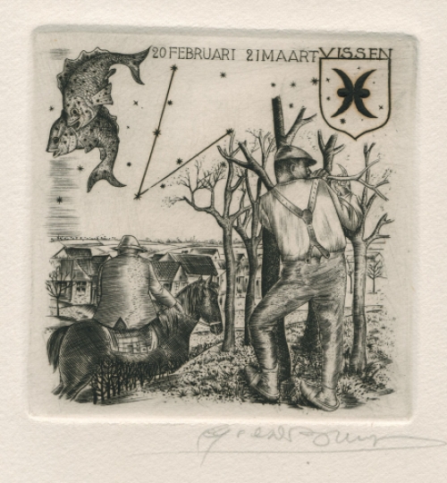 Belgische graficus Gustaaf De Bruyne met Steenbok gravure