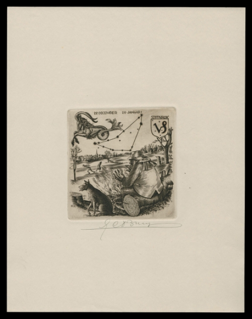 Belgische graficus Gustaaf De Bruyne met Steenbok gravure