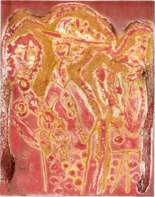 Gustaaf Prils  met een grafisch werkje, gemengde techniek