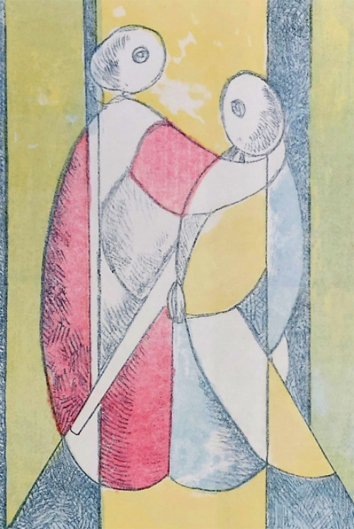 Gustaaf Prils  met een grafisch werkje, de knuffel