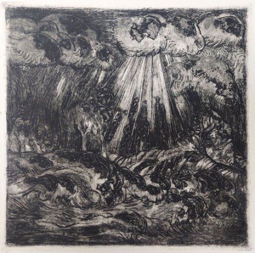 Gustaaf Prils  met een ets grafisch werkje