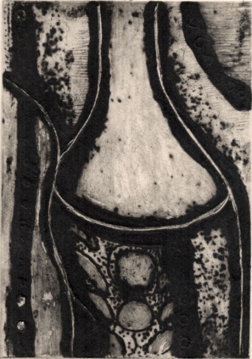 Gustaaf Prils  met een grafisch werkje, gemengde techniek