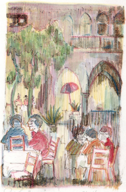 Gustaaf Prils  met een grafisch werk, gemengde techniek