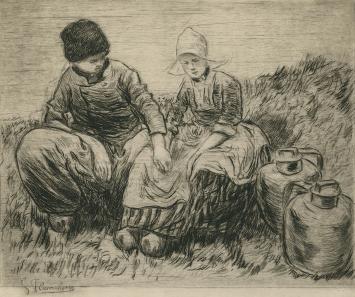 Ets van weidetafereel geëtst door Gustave Flasschoen