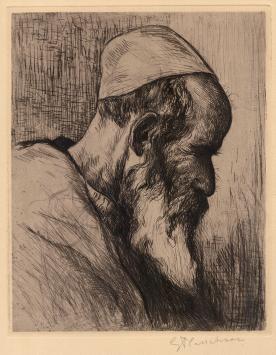 Belgische kunstenaar Gustave Flasschoen met een ets