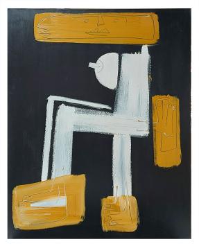 Patch Adams 2003, Blanco Y Negro, acryl op doek van Glenn Vandesande, abstracte figuur in wit en oker op zwarte achtergrond.