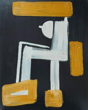 Patch Adams 2003, Blanco Y Negro, acrylic on canvas by Glenn Vandesande, abstract figure in white and ochre on black backgrou