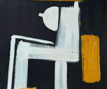 Patch Adams 2003, Blanco Y Negro, acrylique sur toile de Glenn Vandesande, figure abstraite en blanc et ocre sur fond noir.