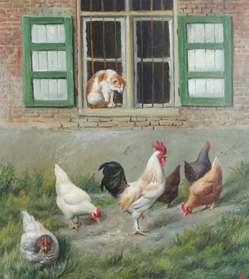 De Belgische fijnschilder Hilair Bals met een schilderij met dierentafereel