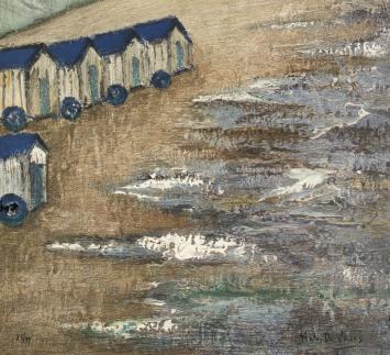 De Vries Hubert met een litho van strandcabines