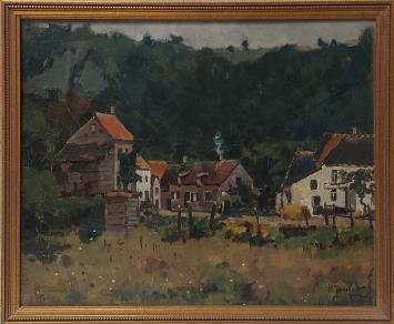 De Belgische kunstenaar Henri Janlet met een olieverfschilderij