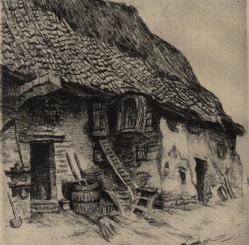 Henri Mortiaux met een ets van een stal