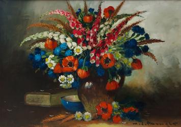Olieverfschilderij van H J Pauwels van een Impressionistisch bloemenstilleven