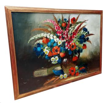 Stilleven;  boek, blauw geglazuurd kommetje en veldbloemen
