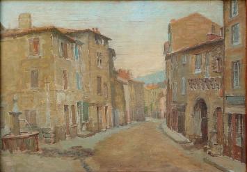 Hippolyte Prat met een olieverschilderij op paneel