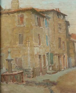 Belgische kunst kopen, straataanzicht met fontijn