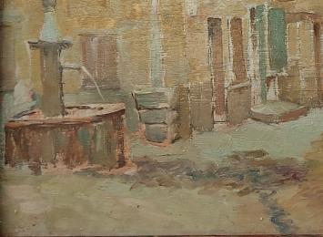 Straataanzicht met kleine fontijn