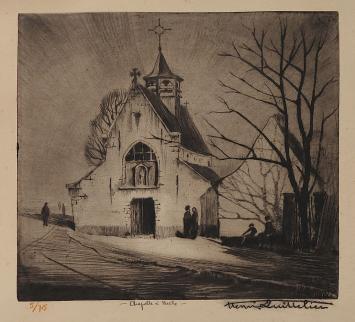 De Belgische kunstenaar Henri Quittelier met een kapel te Ukkel